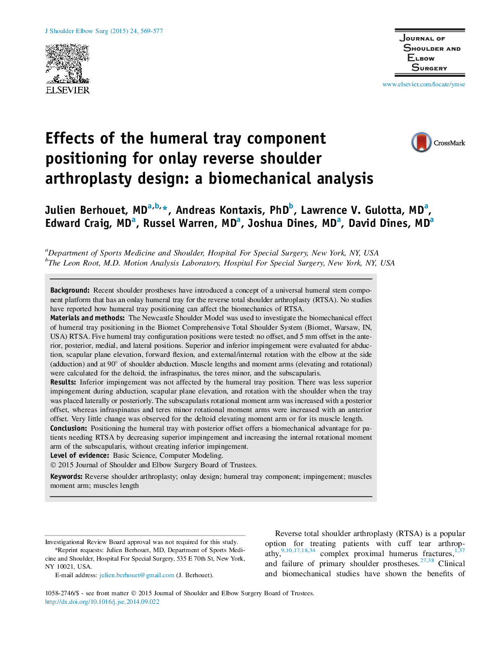 Effects of the humeral tray component positioning for onlay reverse shoulder arthroplasty design: a biomechanical analysis 