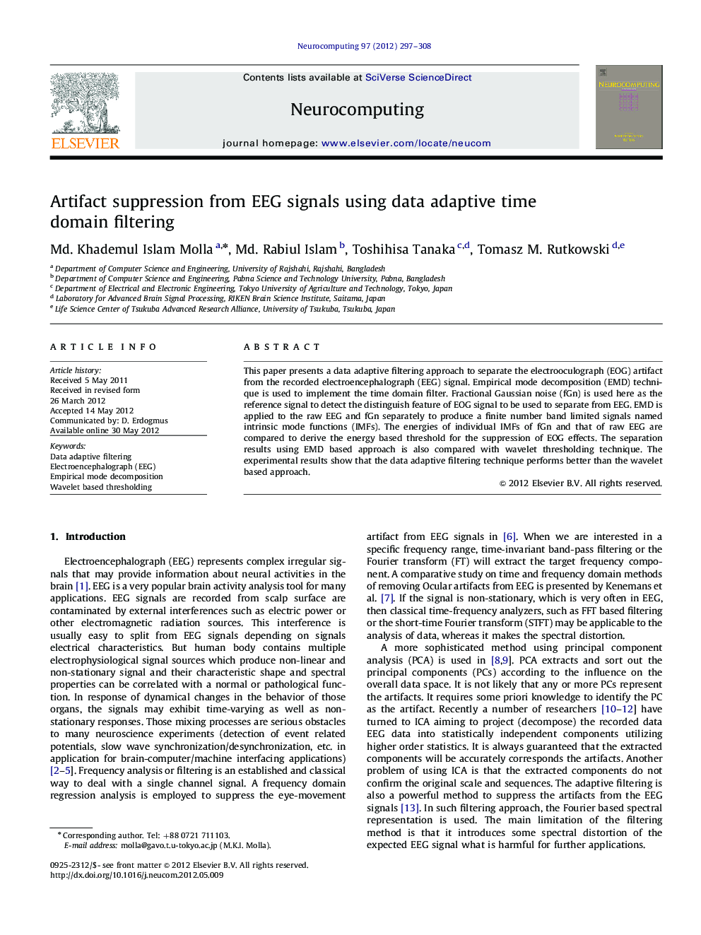 Artifact suppression from EEG signals using data adaptive time domain filtering