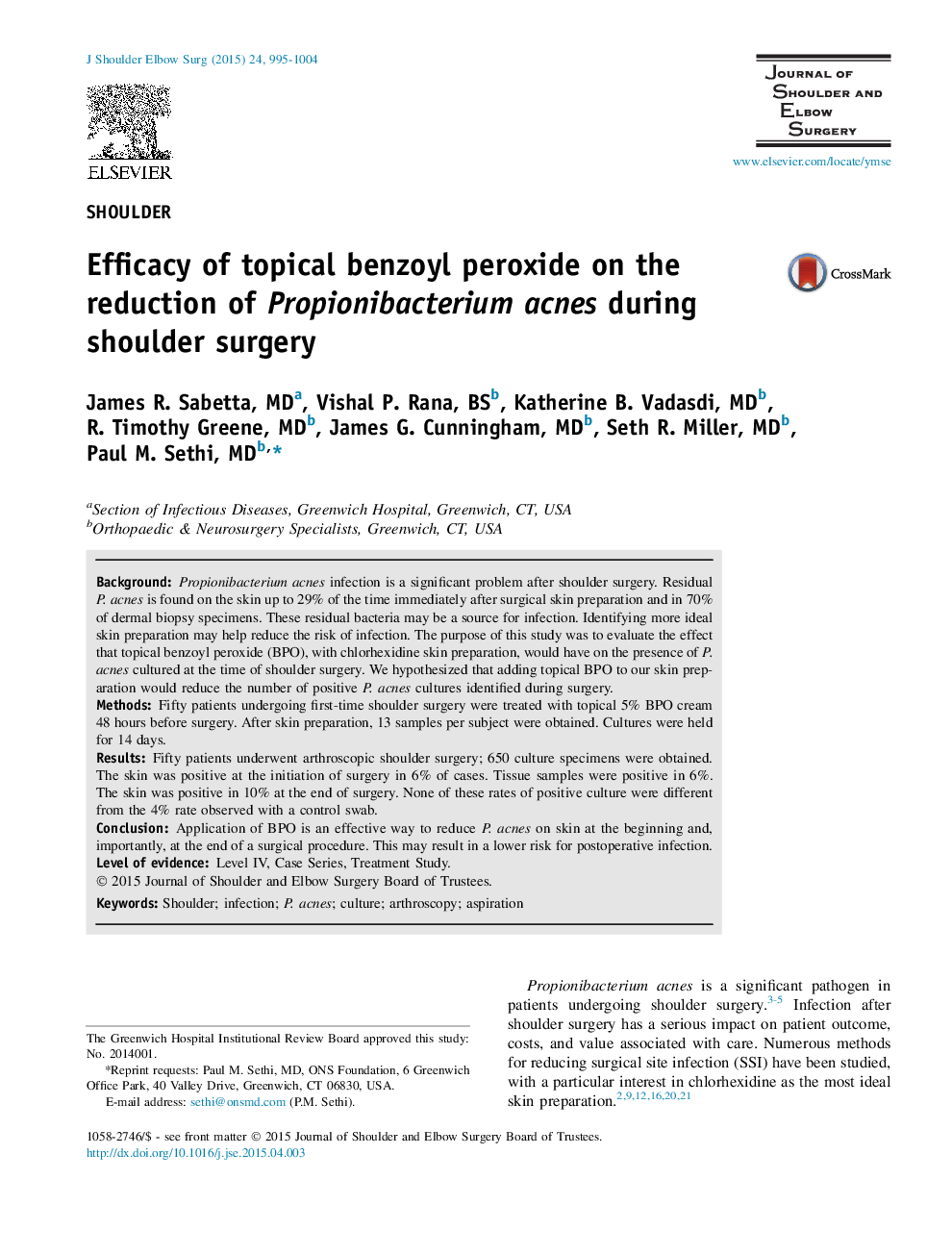 Efficacy of topical benzoyl peroxide on the reduction of Propionibacterium acnes during shoulder surgery 