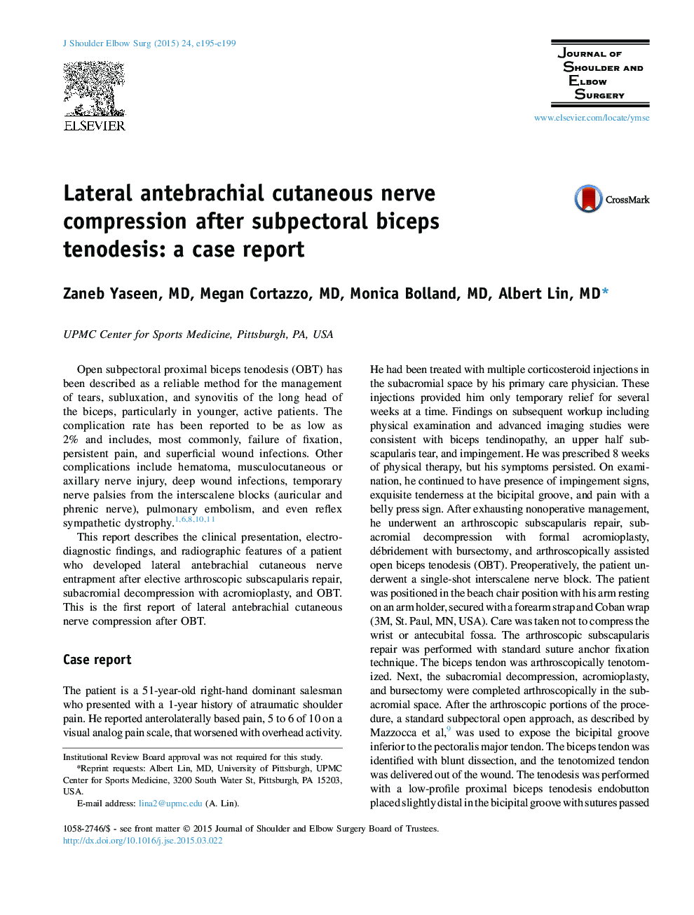 Lateral antebrachial cutaneous nerve compression after subpectoral biceps tenodesis: a case report