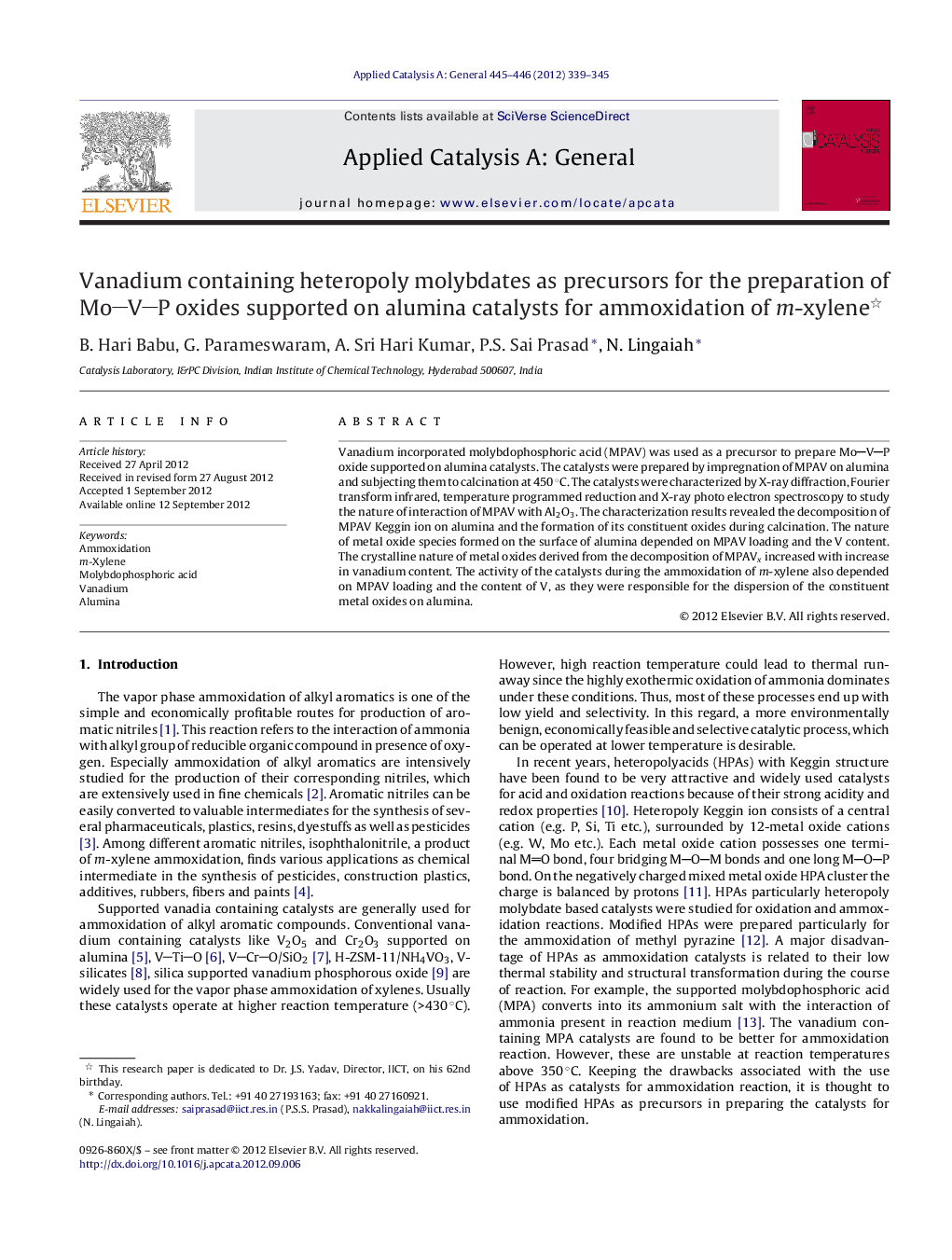 Vanadium containing heteropoly molybdates as precursors for the preparation of MoVP oxides supported on alumina catalysts for ammoxidation of m-xylene 