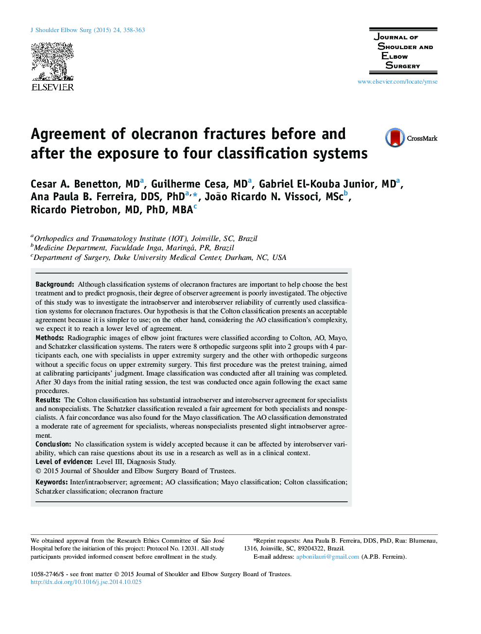 Agreement of olecranon fractures before and after the exposure to four classification systems 