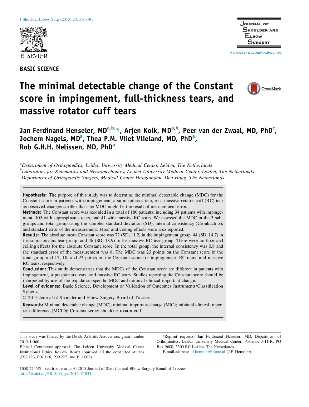 The minimal detectable change of the Constant score in impingement, full-thickness tears, and massive rotator cuff tears 