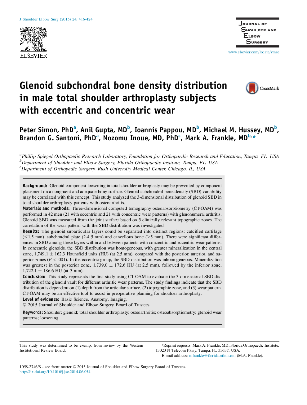 Glenoid subchondral bone density distribution in male total shoulder arthroplasty subjects with eccentric and concentric wear 