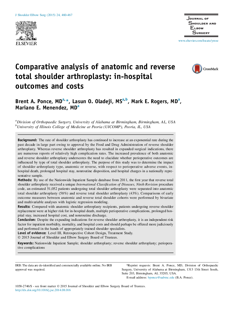 Comparative analysis of anatomic and reverse total shoulder arthroplasty: in-hospital outcomes and costs 