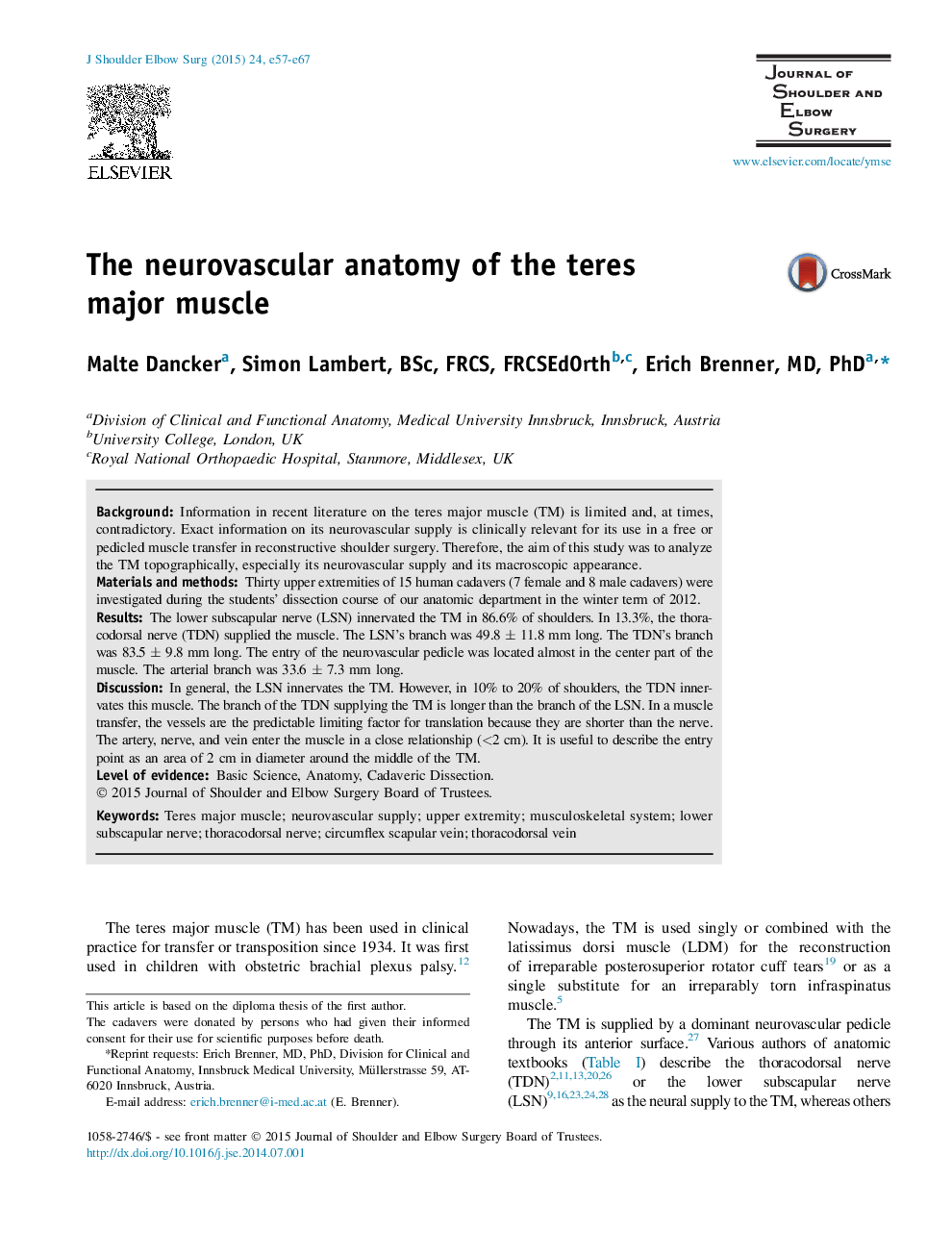 The neurovascular anatomy of the teres major muscle 