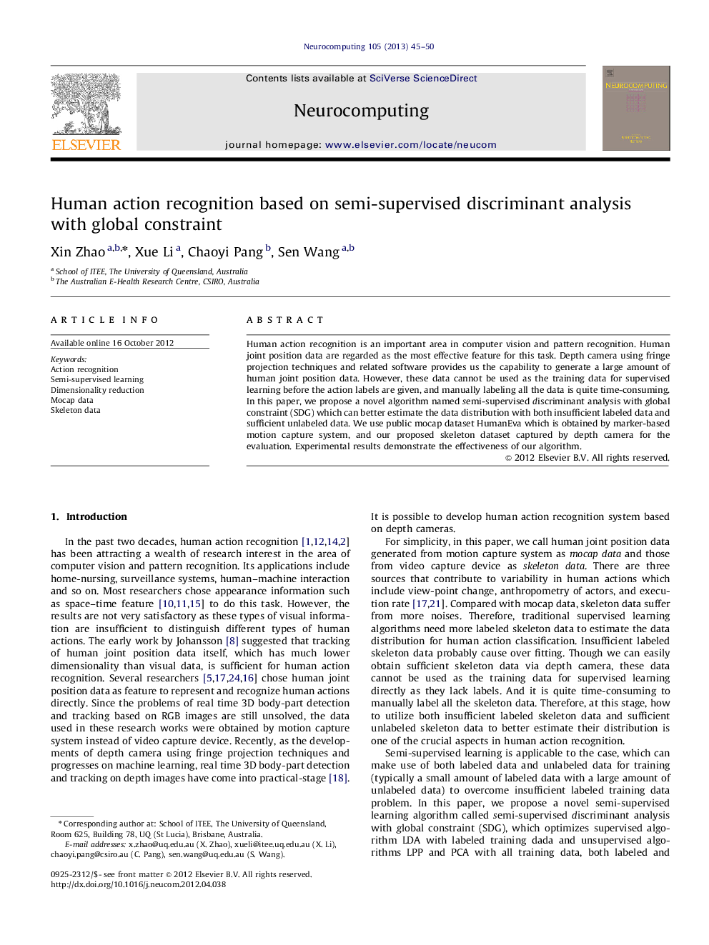 Human action recognition based on semi-supervised discriminant analysis with global constraint