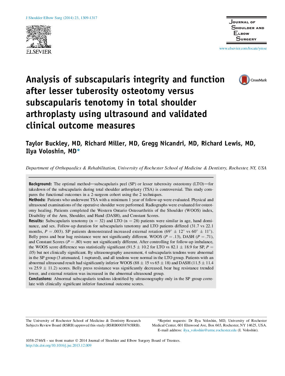 Analysis of subscapularis integrity and function after lesser tuberosity osteotomy versus subscapularis tenotomy in total shoulder arthroplasty using ultrasound and validated clinical outcome measures 