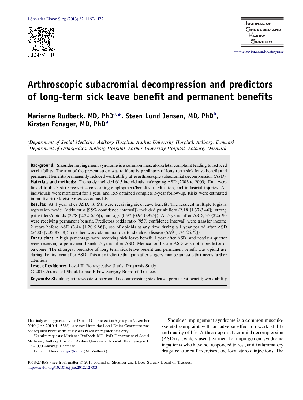 Arthroscopic subacromial decompression and predictors of long-term sick leave benefit and permanent benefits 