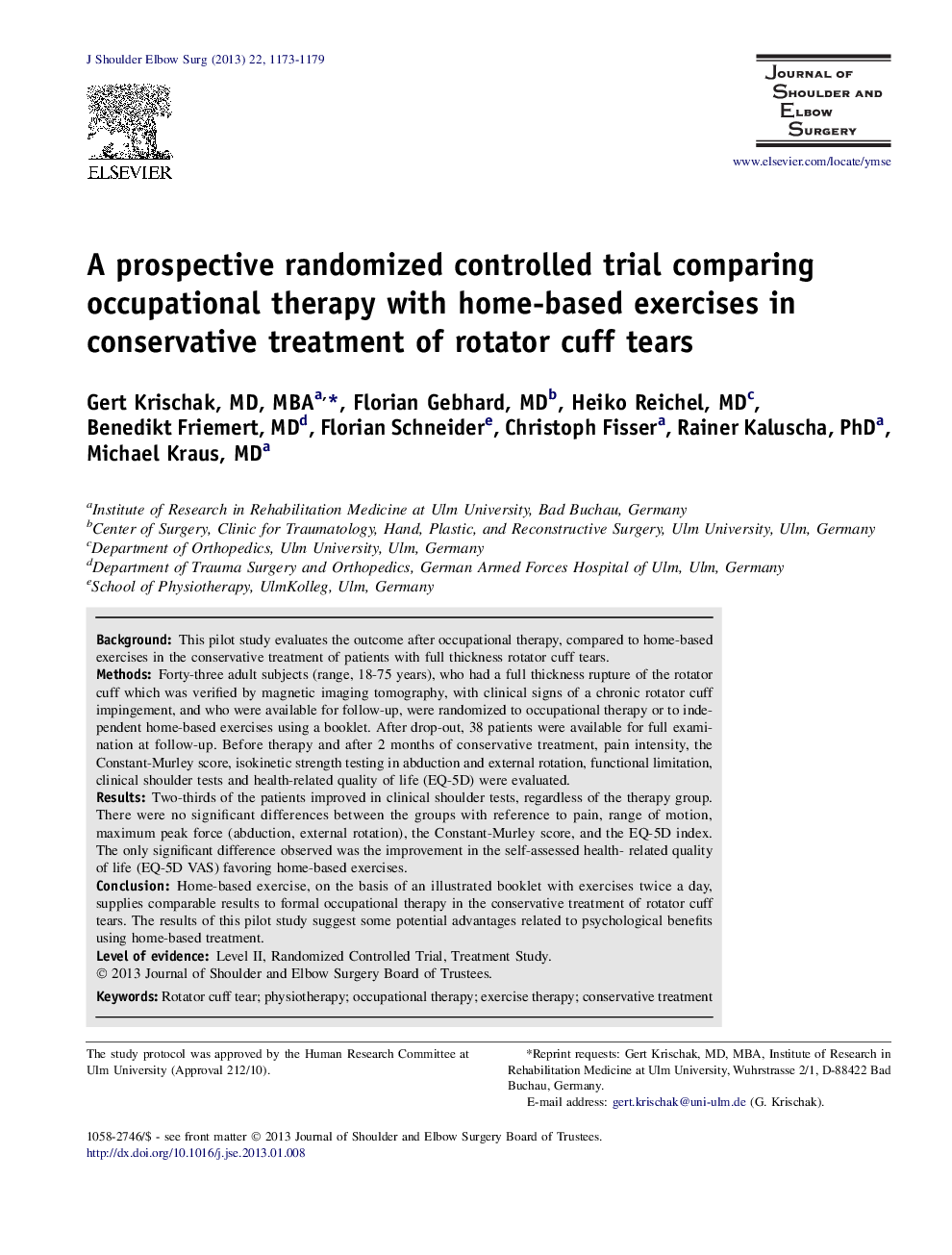 A prospective randomized controlled trial comparing occupational therapy with home-based exercises in conservative treatment of rotator cuff tears 