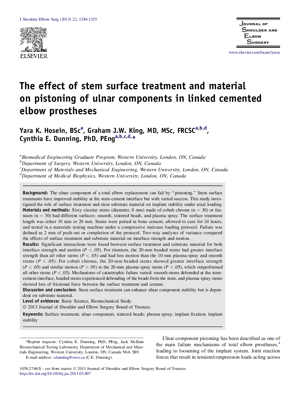 The effect of stem surface treatment and material onÂ pistoning of ulnar components in linked cemented elbow prostheses