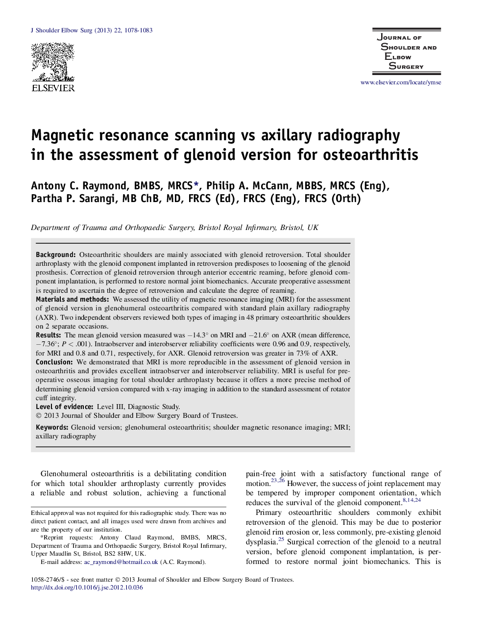 Magnetic resonance scanning vs axillary radiography in the assessment of glenoid version for osteoarthritis 