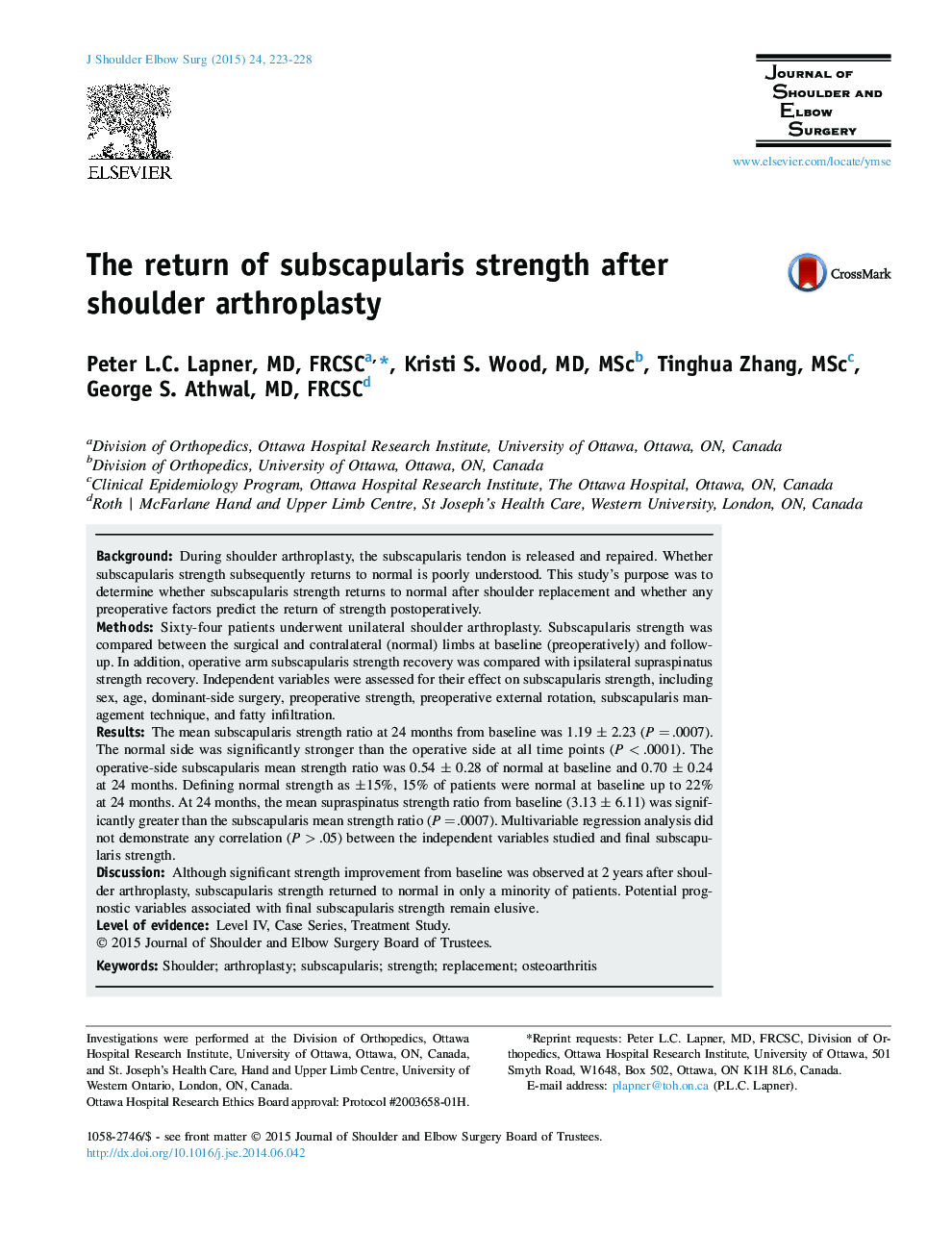 The return of subscapularis strength after shoulder arthroplasty 