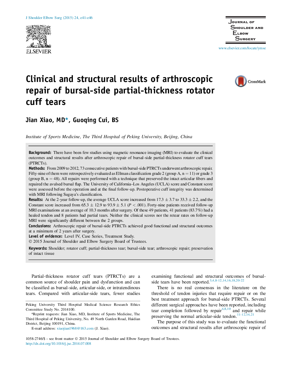 Clinical and structural results of arthroscopic repair of bursal-side partial-thickness rotator cuff tears 