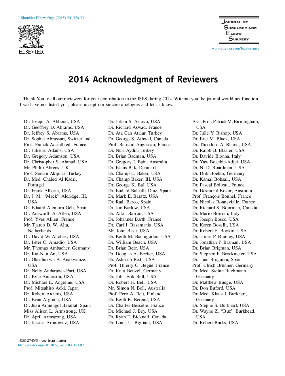 2014 Acknowledgment of Reviewers