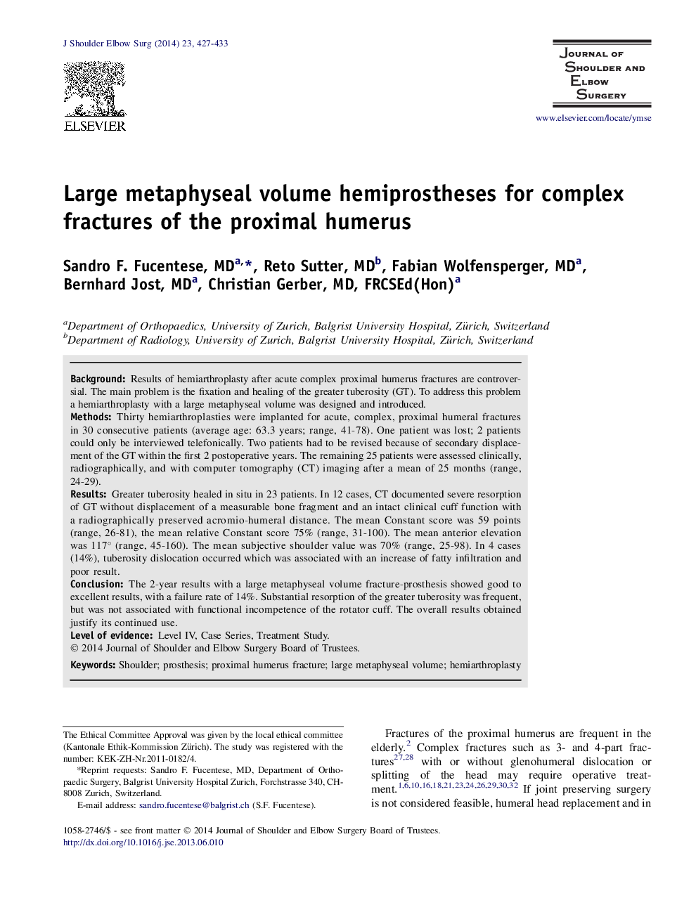 Large metaphyseal volume hemiprostheses for complex fractures of the proximal humerus 