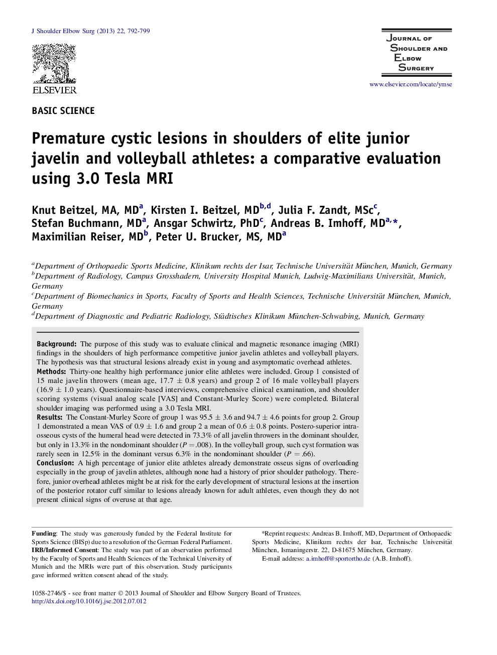 Premature cystic lesions in shoulders of elite junior javelin and volleyball athletes: a comparative evaluation using 3.0 Tesla MRI 