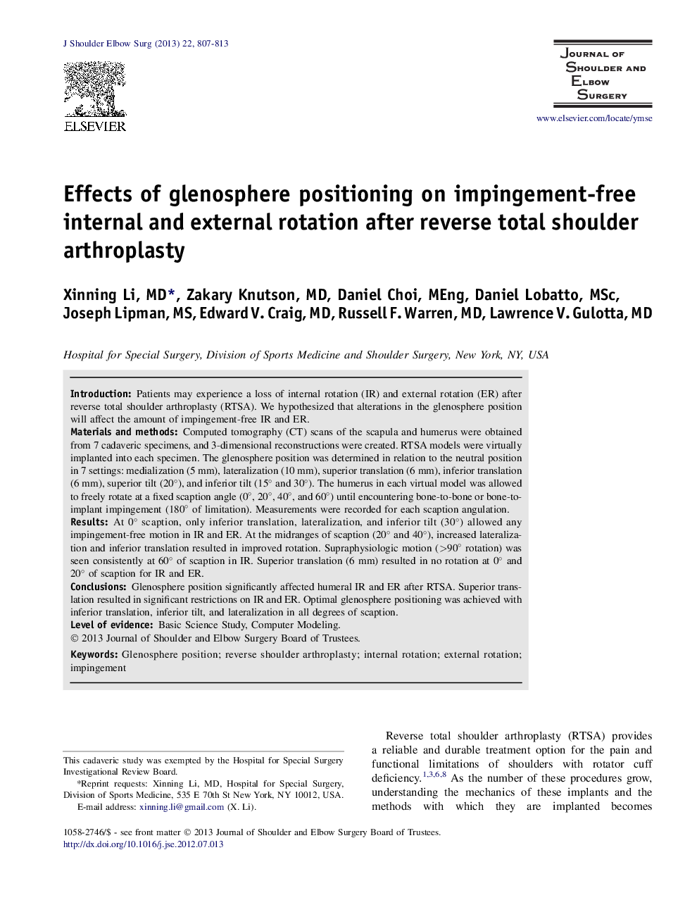 Effects of glenosphere positioning on impingement-free internal and external rotation after reverse total shoulder arthroplasty 