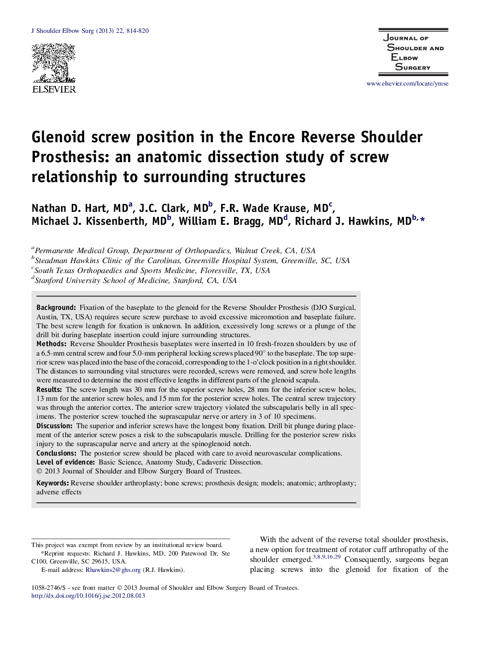 Glenoid screw position in the Encore Reverse Shoulder Prosthesis: an anatomic dissection study of screw relationship to surrounding structures 