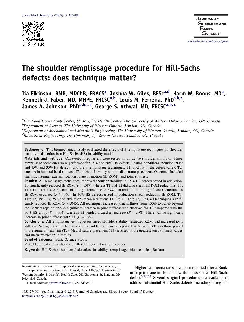 The shoulder remplissage procedure for Hill-Sachs defects: does technique matter? 