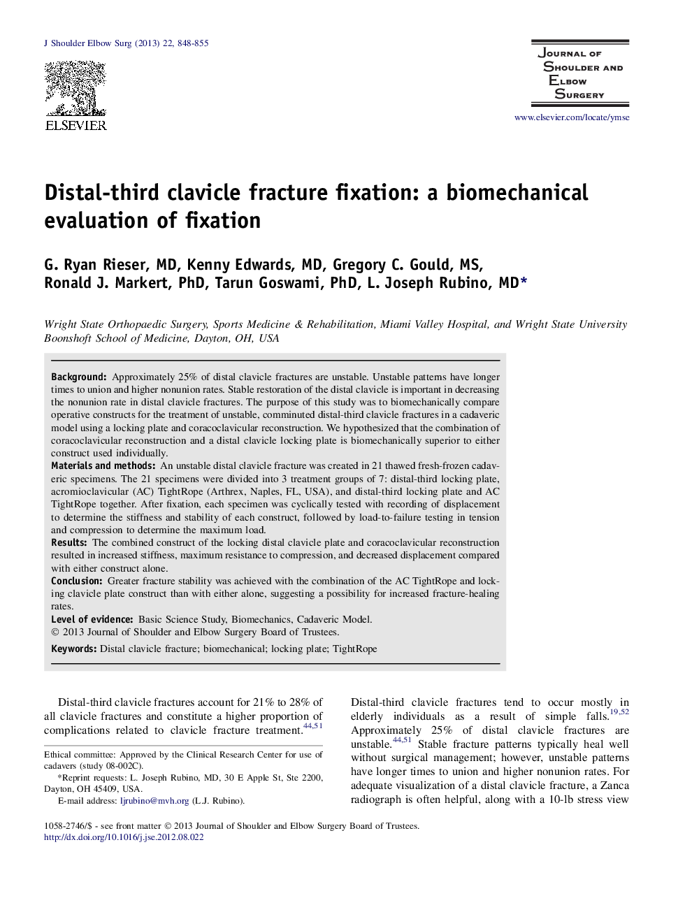 Distal-third clavicle fracture fixation: a biomechanical evaluation of fixation 
