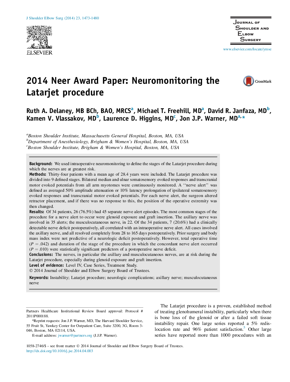 2014 Neer Award Paper: Neuromonitoring the Latarjet procedure 