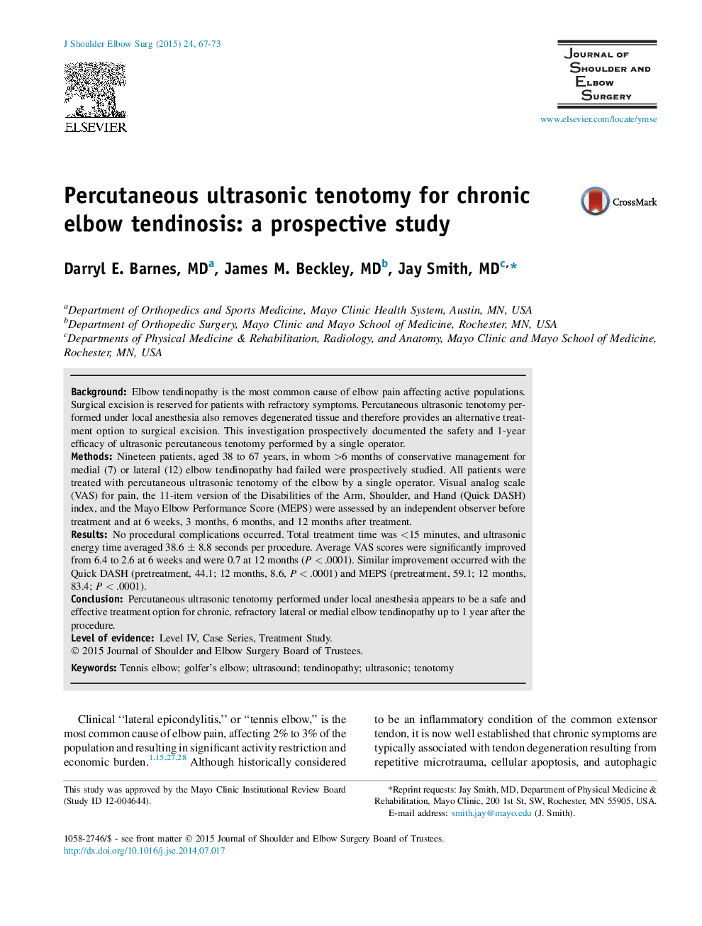 Percutaneous ultrasonic tenotomy for chronic elbow tendinosis: a prospective study 