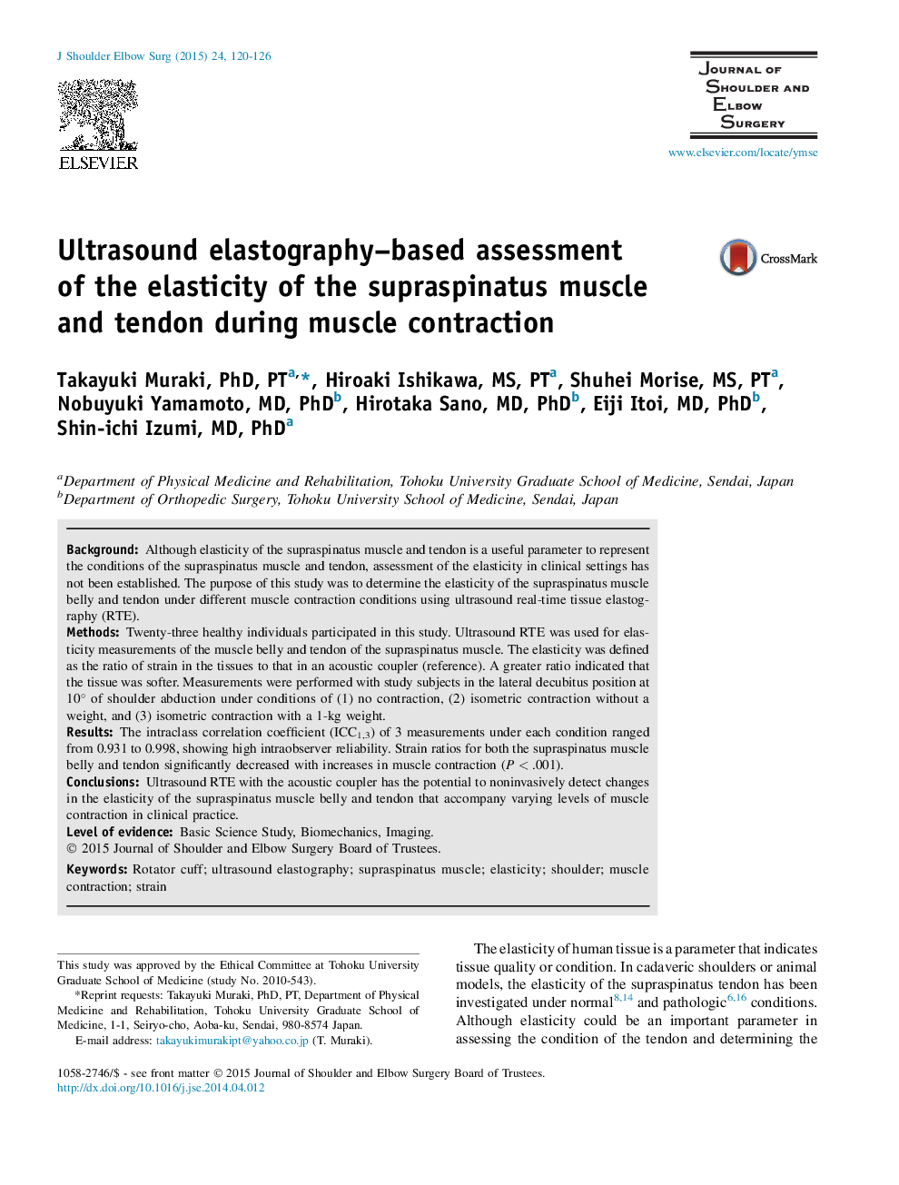 Ultrasound elastography–based assessment of the elasticity of the supraspinatus muscle and tendon during muscle contraction 