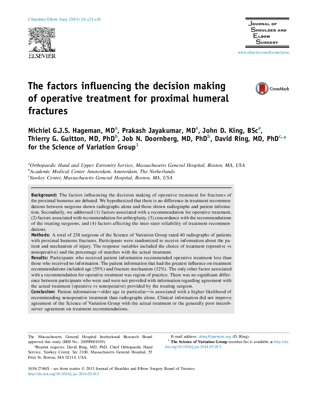 The factors influencing the decision making of operative treatment for proximal humeral fractures 