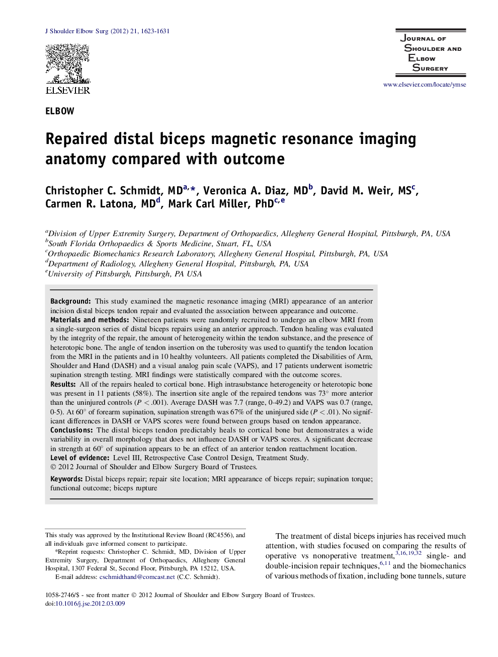 Repaired distal biceps magnetic resonance imaging anatomy compared with outcome 