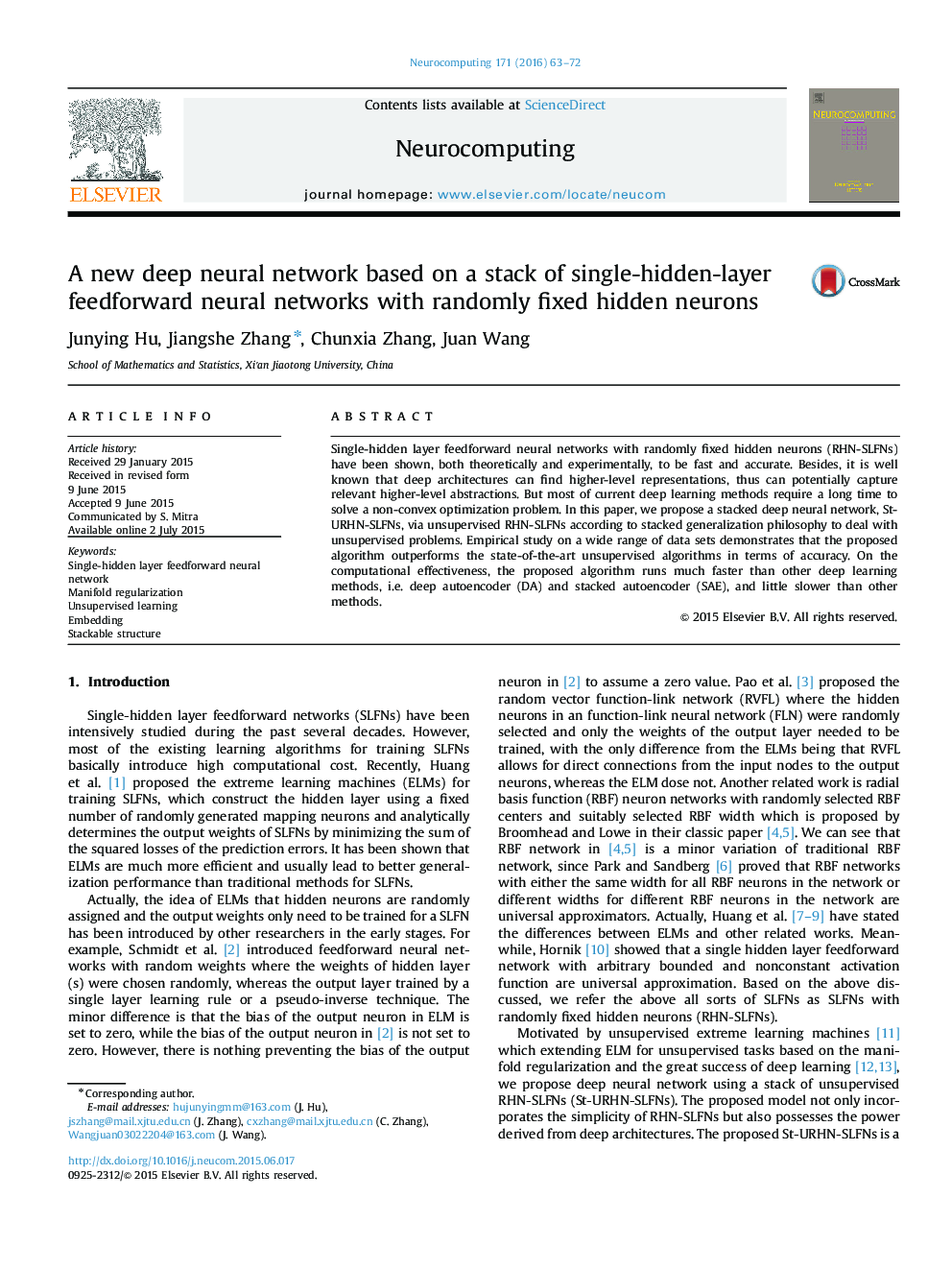 A new deep neural network based on a stack of single-hidden-layer feedforward neural networks with randomly fixed hidden neurons