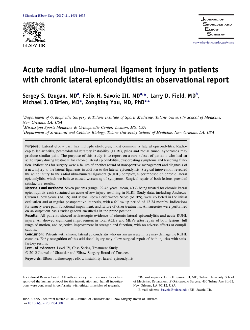 Acute radial ulno-humeral ligament injury in patients with chronic lateral epicondylitis: an observational report 