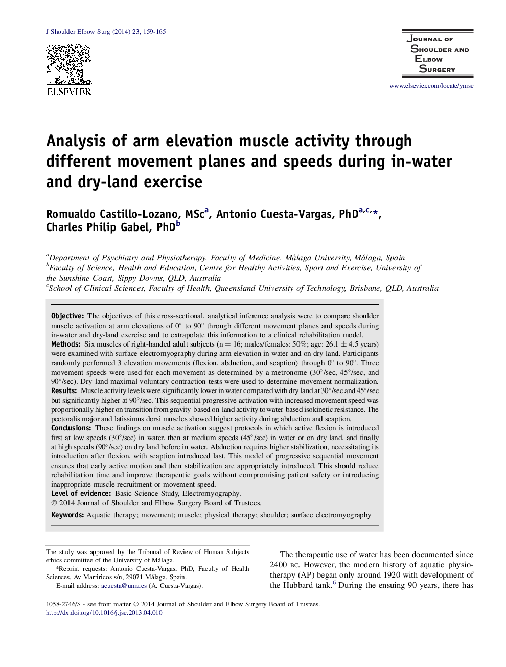 Analysis of arm elevation muscle activity through different movement planes and speeds during in-water and dry-land exercise 