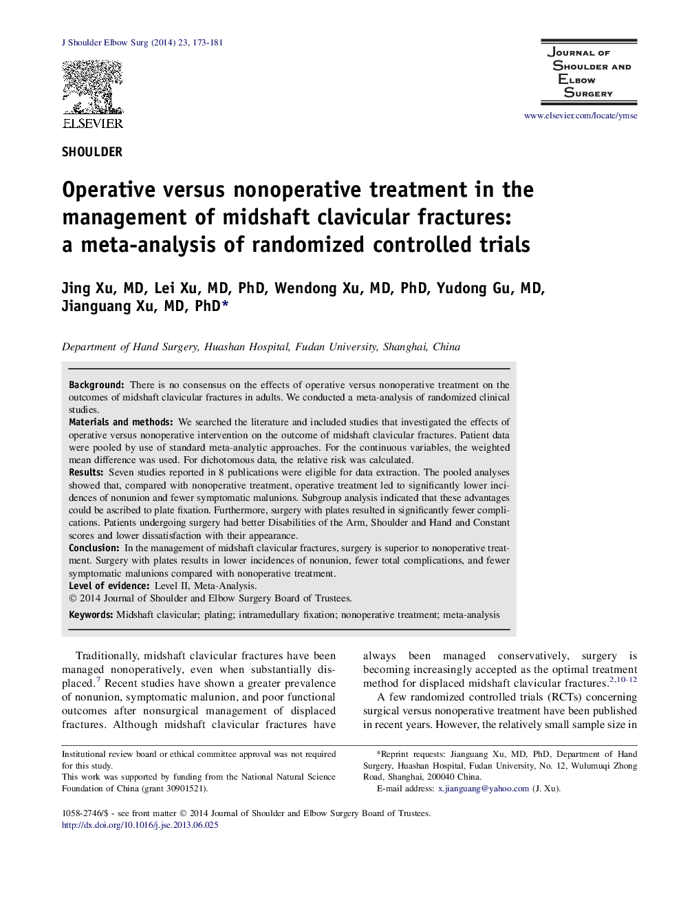 Operative versus nonoperative treatment in the management of midshaft clavicular fractures: a meta-analysis of randomized controlled trials 