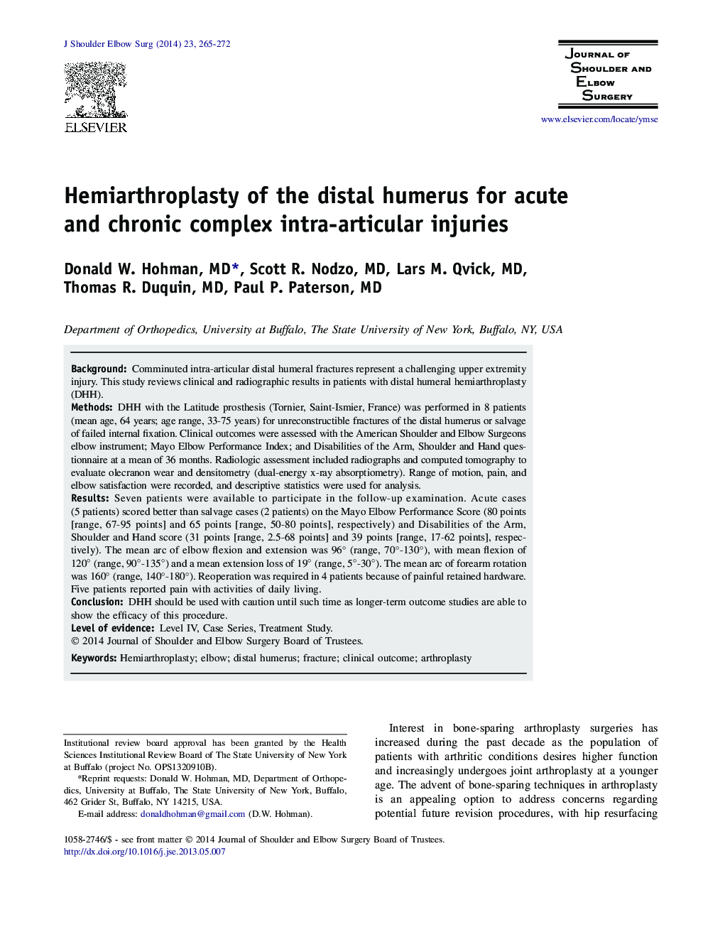 Hemiarthroplasty of the distal humerus for acute and chronic complex intra-articular injuries 