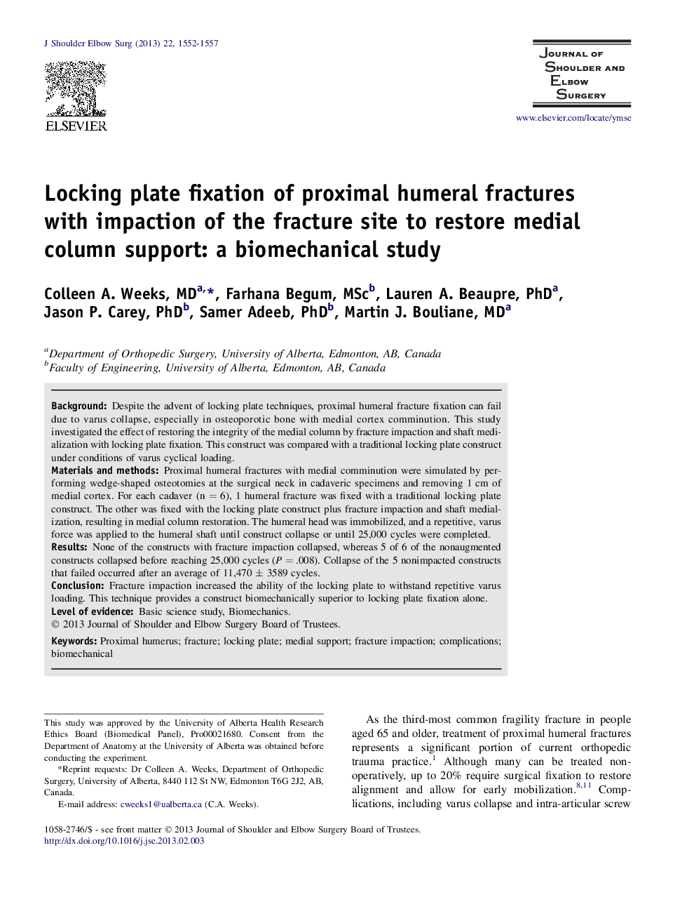 Locking plate fixation of proximal humeral fractures with impaction of the fracture site to restore medial column support: a biomechanical study 