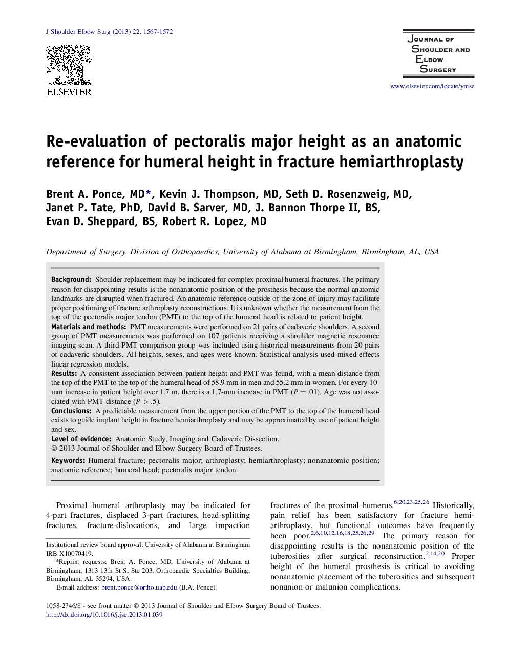 Re-evaluation of pectoralis major height as an anatomic reference for humeral height in fracture hemiarthroplasty 