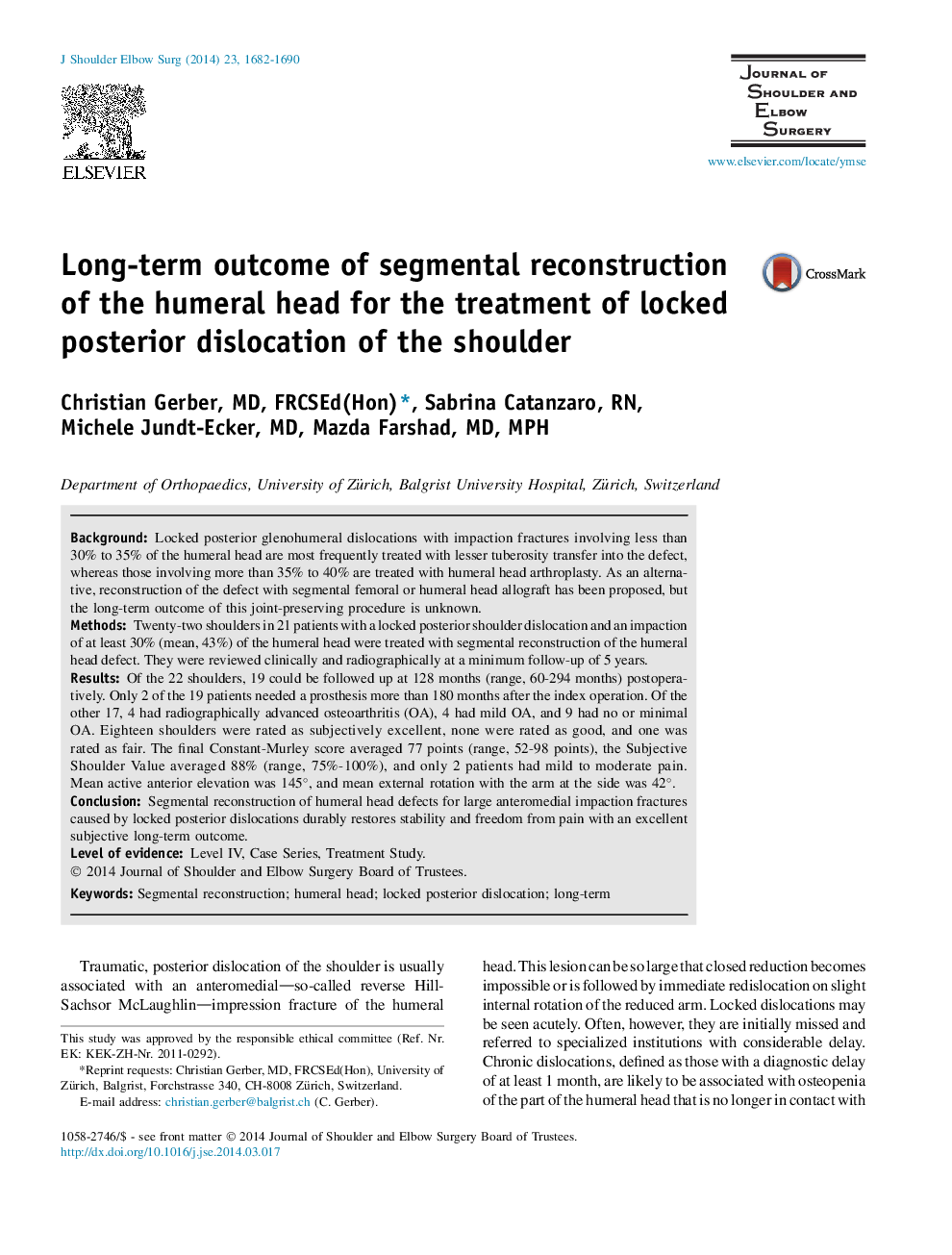 Long-term outcome of segmental reconstruction of the humeral head for the treatment of locked posterior dislocation of the shoulder 