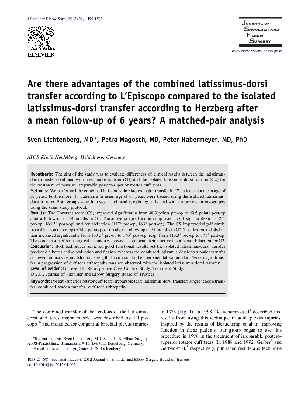 Are there advantages of the combined latissimus-dorsi transfer according to L’Episcopo compared to the isolated latissimus-dorsi transfer according to Herzberg after a mean follow-up of 6 years? A matched-pair analysis