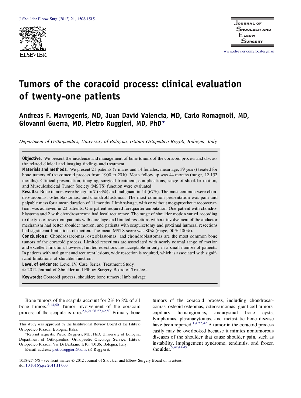 Tumors of the coracoid process: clinical evaluation of twenty-one patients 