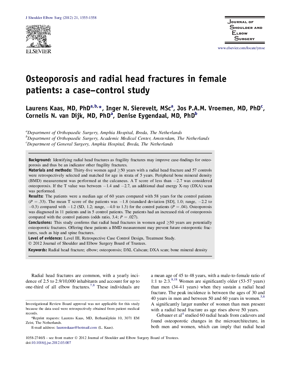 Osteoporosis and radial head fractures in female patients: a case–control study 