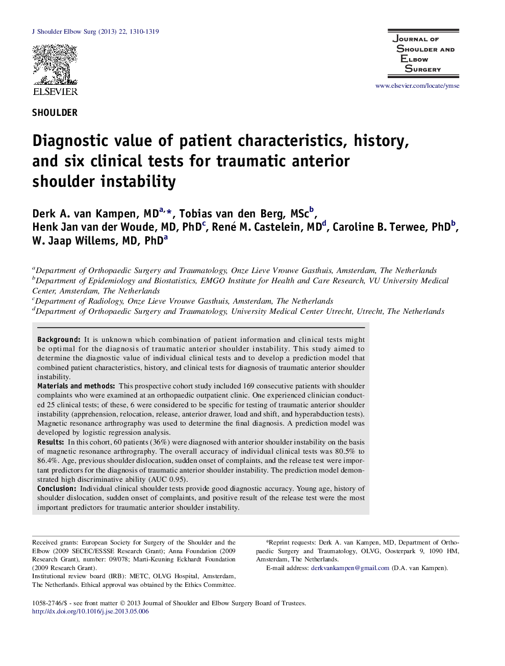 Diagnostic value of patient characteristics, history, and six clinical tests for traumatic anterior shoulder instability 