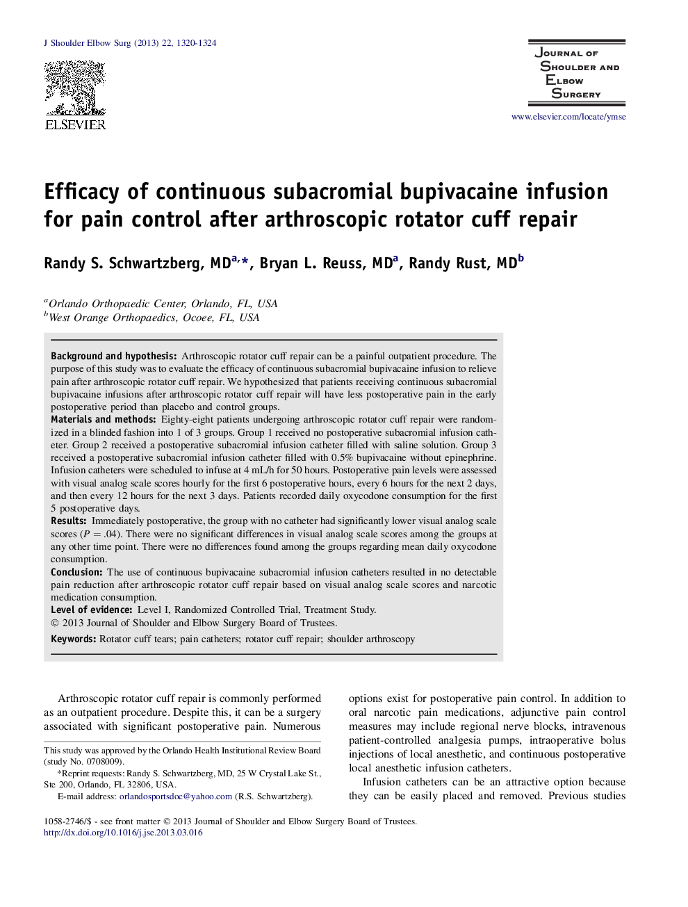 Efficacy of continuous subacromial bupivacaine infusion for pain control after arthroscopic rotator cuff repair 