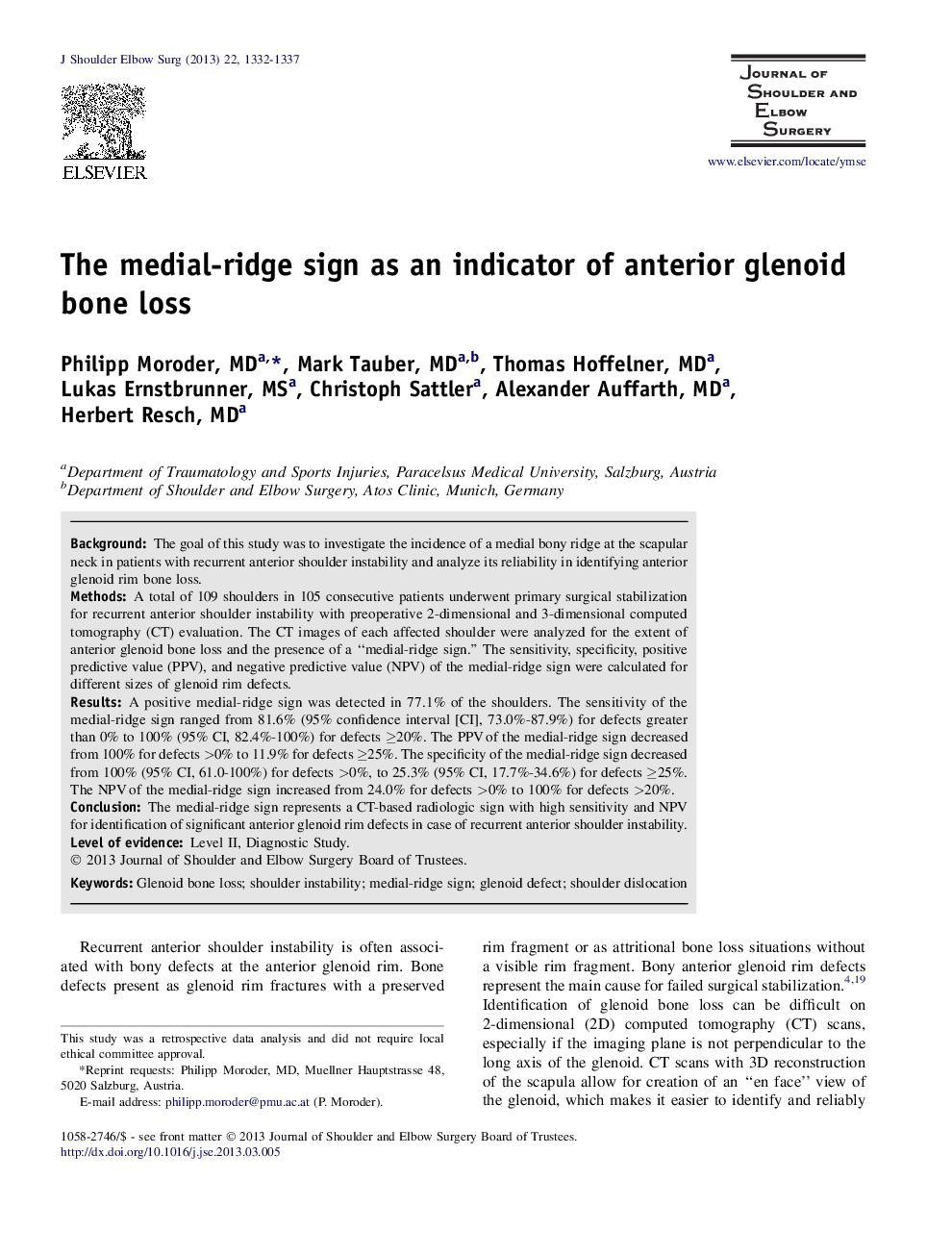 The medial-ridge sign as an indicator of anterior glenoid bone loss 