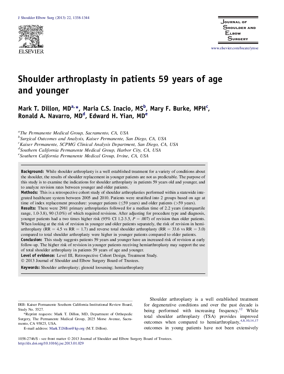 Shoulder arthroplasty in patients 59 years of age and younger 