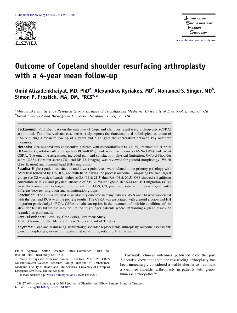 Outcome of Copeland shoulder resurfacing arthroplasty with a 4-year mean follow-up 