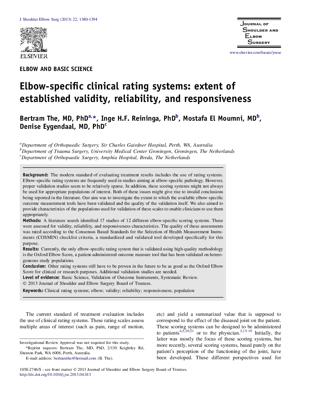 Elbow-specific clinical rating systems: extent of established validity, reliability, and responsiveness 