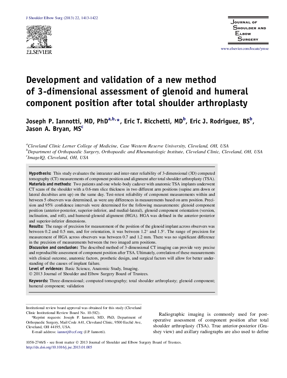 Development and validation of a new method of 3-dimensional assessment of glenoid and humeral component position after total shoulder arthroplasty 