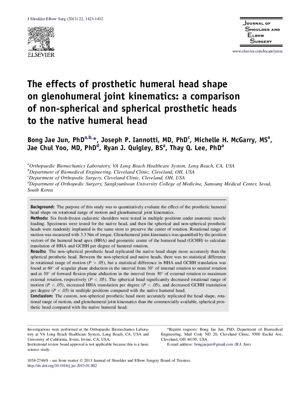 The effects of prosthetic humeral head shape on glenohumeral joint kinematics: a comparison of non-spherical and spherical prosthetic heads to the native humeral head 