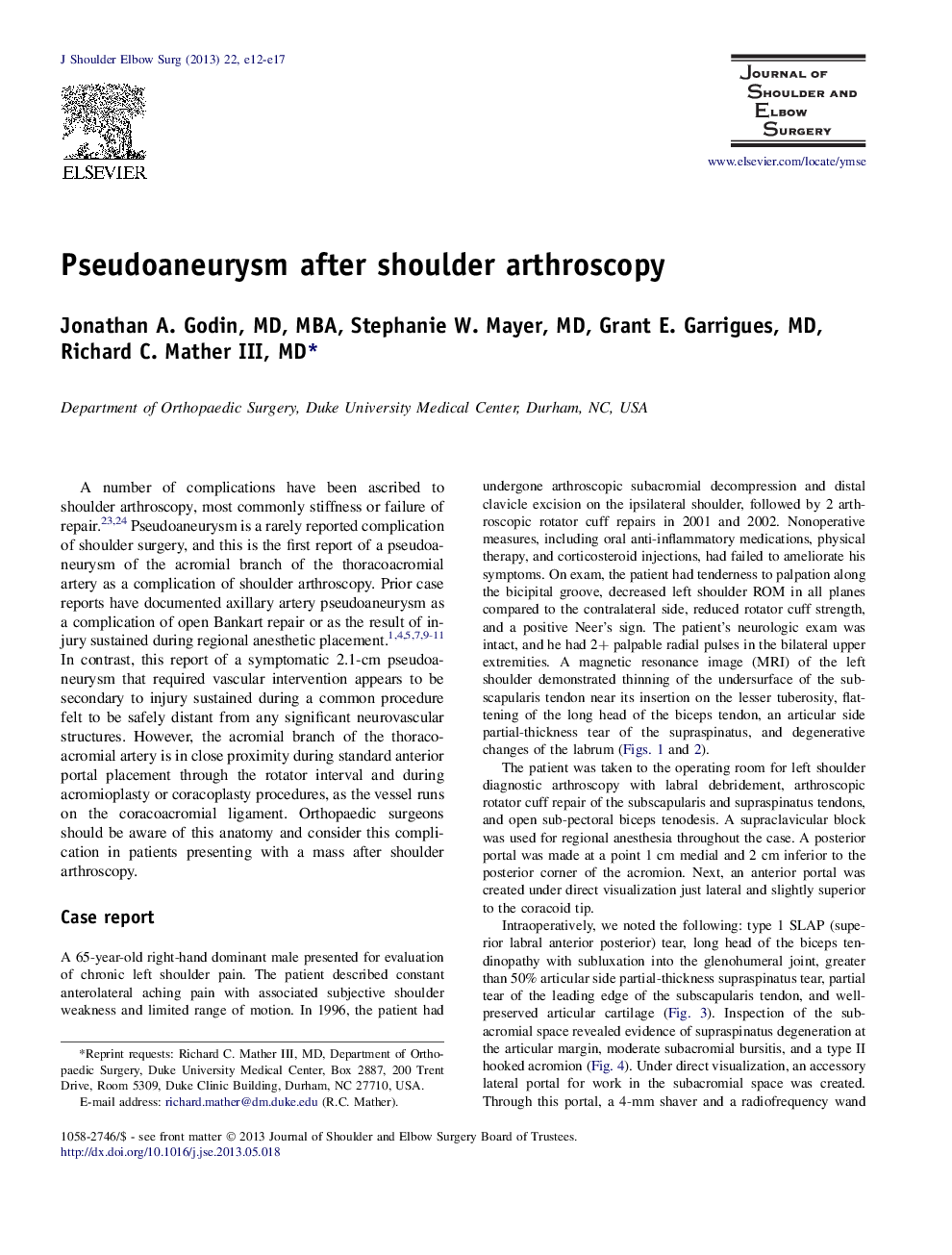 Pseudoaneurysm after shoulder arthroscopy